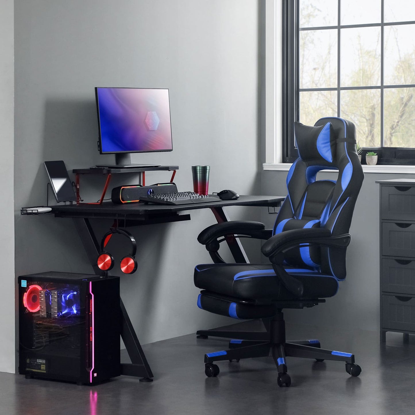 Gamingstuhl, Schreibtischstuhl mit Fußstütze, Bürostuhl mit Kopfstütze und Lendenkissen, höhenverstellbar
