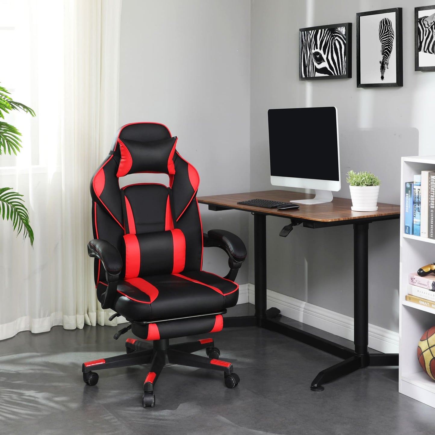 Gaming Stuhl, Gaming Sessel, Schreibtisch Stuhl, Gaming Bürostuhl mit Fußstütze, mit Kopfstütze, Songmics Gaming Stuhl, 3