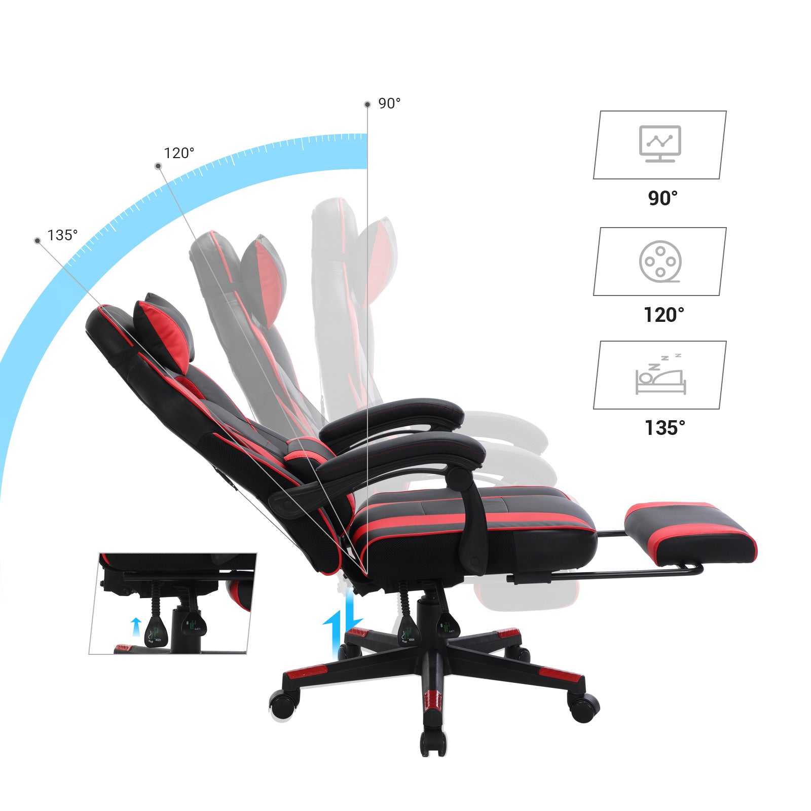 Gaming Stuhl, Gaming Sessel, Schreibtisch Stuhl, Gaming Bürostuhl mit Fußstütze, mit Kopfstütze, Songmics Gaming Stuhl, 4