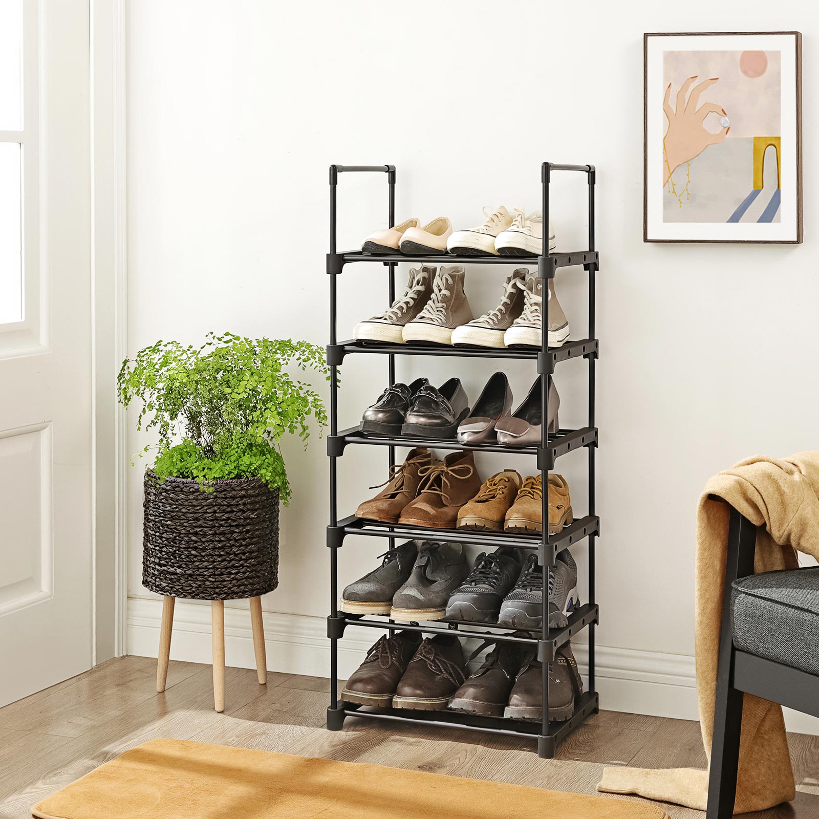 Schuhregal, Schuhregal mit 6 Ablagen, Schuhständer aus Metall, platzsparendes Standregal, 45x30x106 cm, schwarz, Songmics, 1