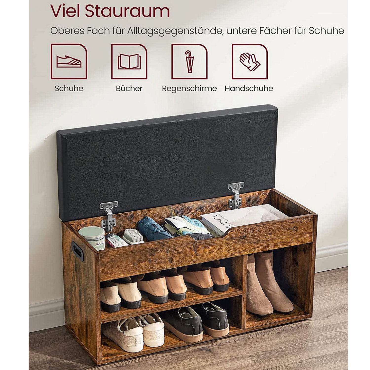 Schuhregal, Sitzbank, bis 150 kg, Schuhbank, Betttruhe, Schuhregal Holz, Stauraum unter der Sitzfläche, VASAGLE, 2