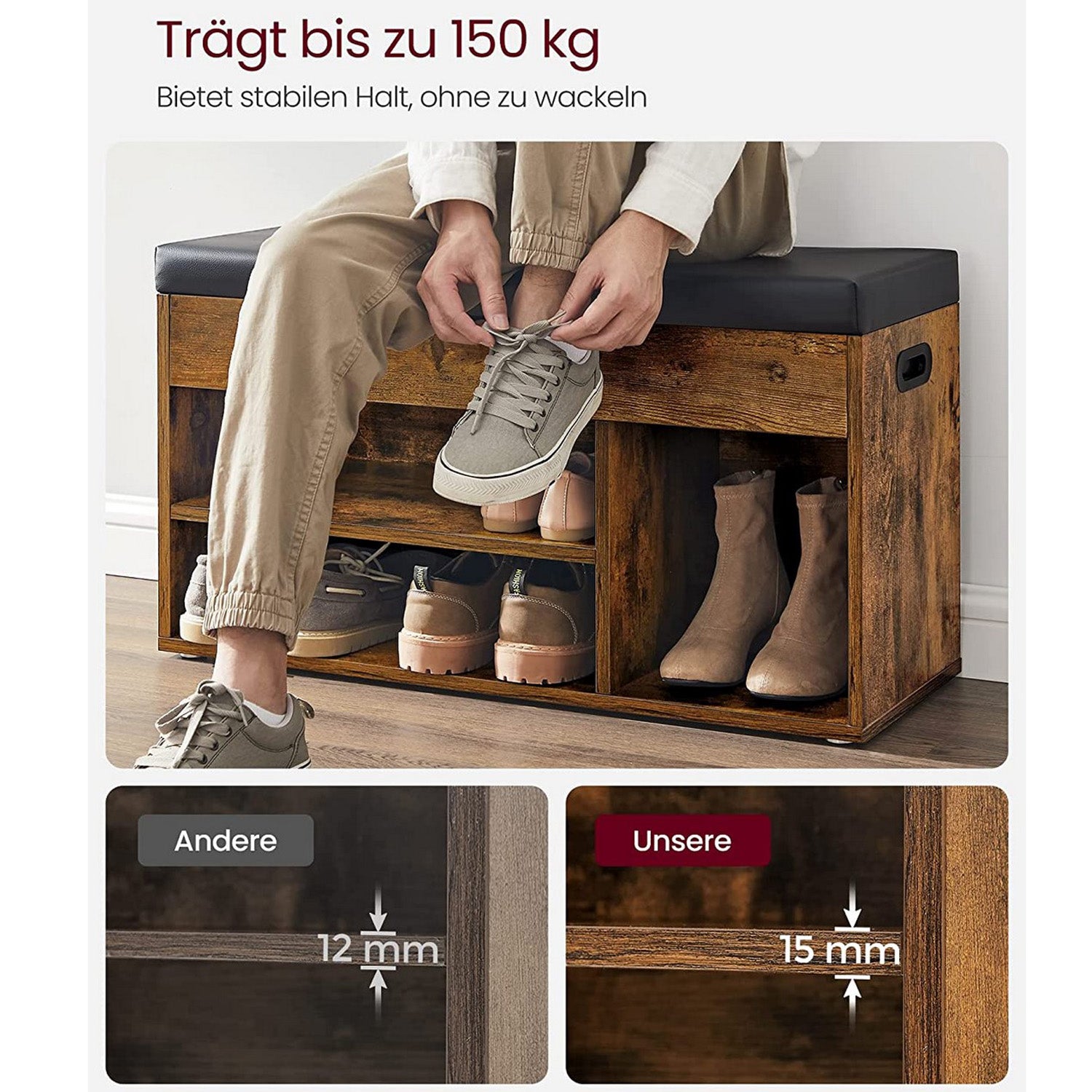 Schuhregal, Sitzbank, bis 150 kg, Schuhbank, Betttruhe, Schuhregal Holz, Stauraum unter der Sitzfläche, VASAGLE, 3