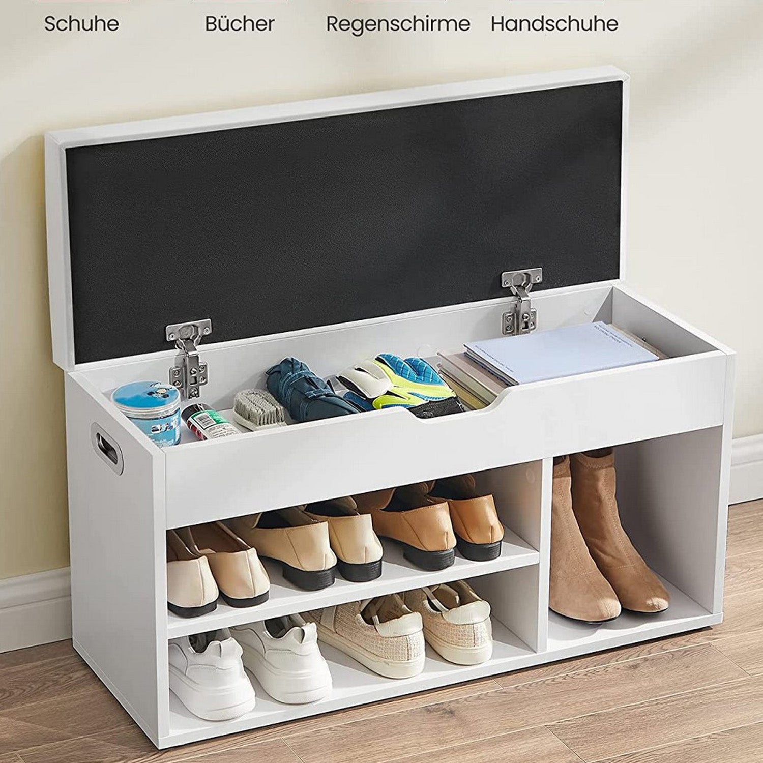 Schuhregal mit Sitzbank, Schuhbank mit Sitzkissen, Betttruhe, 3 Fächer Truhe, Schuhaufbewahrung mit Sitzfläche, Vasagle, 3