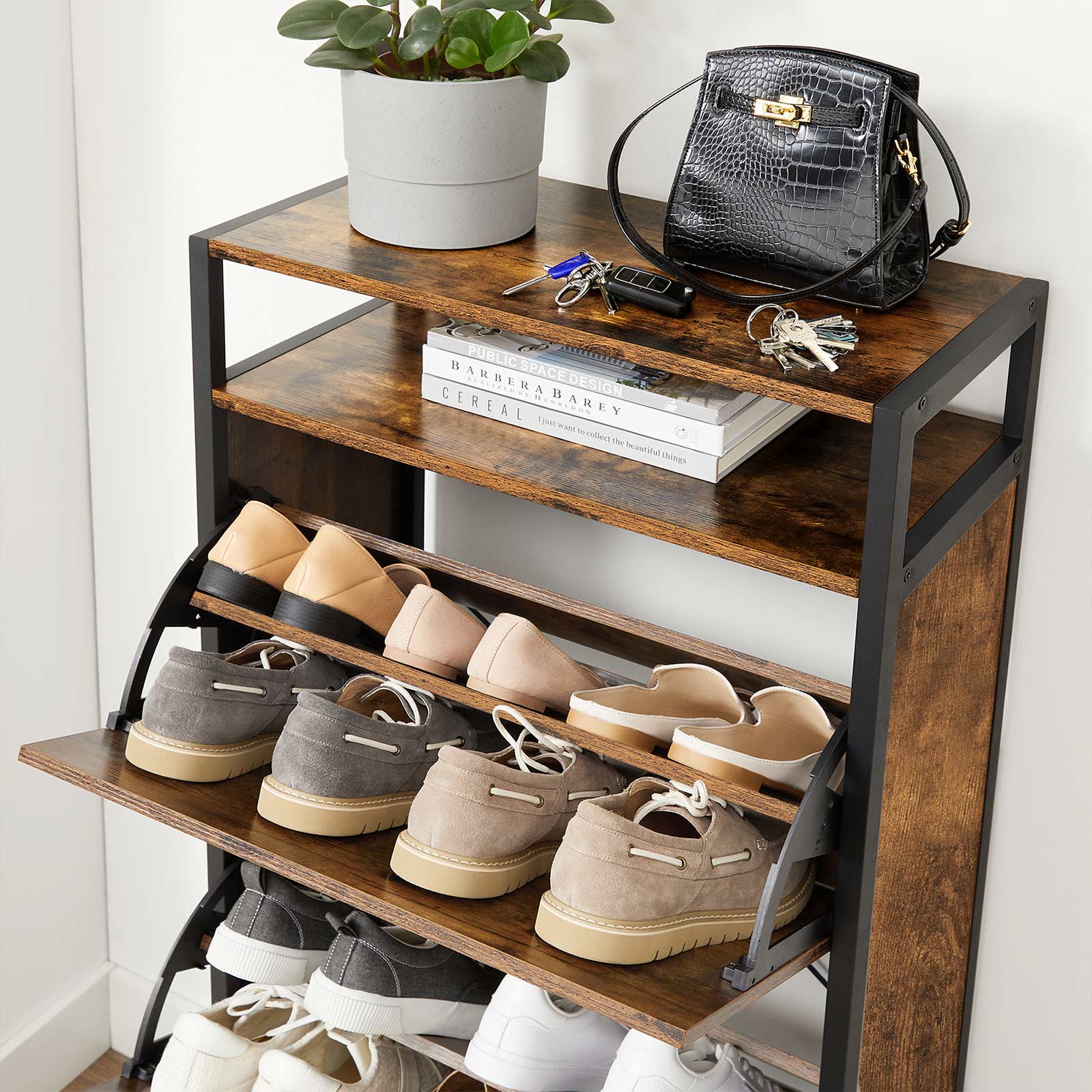 Schuhschrank, Schuhkipper, mit 3 Klappen, Schuhkipper Schmal, mit 3 Ebenen, für 15-18 Paar Schuhe, Vintagebraun, Vasagle, 5