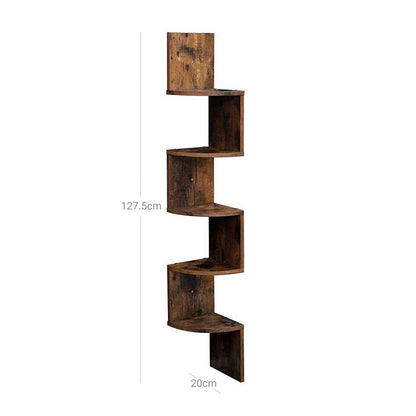 Vasagle - Eckregal mit 5 Ebenen für die Wand, Holzregal, für Küche, Schlafzimmer, Wohnzimmer, Lernzimmer, Büro, Vintage, Dunkelbraun