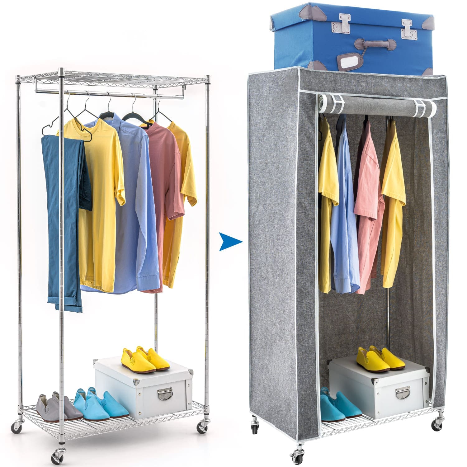 Stoffschrank Faltbar 170x45x168 Cm – Mit 2 Kleiderstangen & Regalen, 900 Kg Tragkraft, Polycotton-Bezug