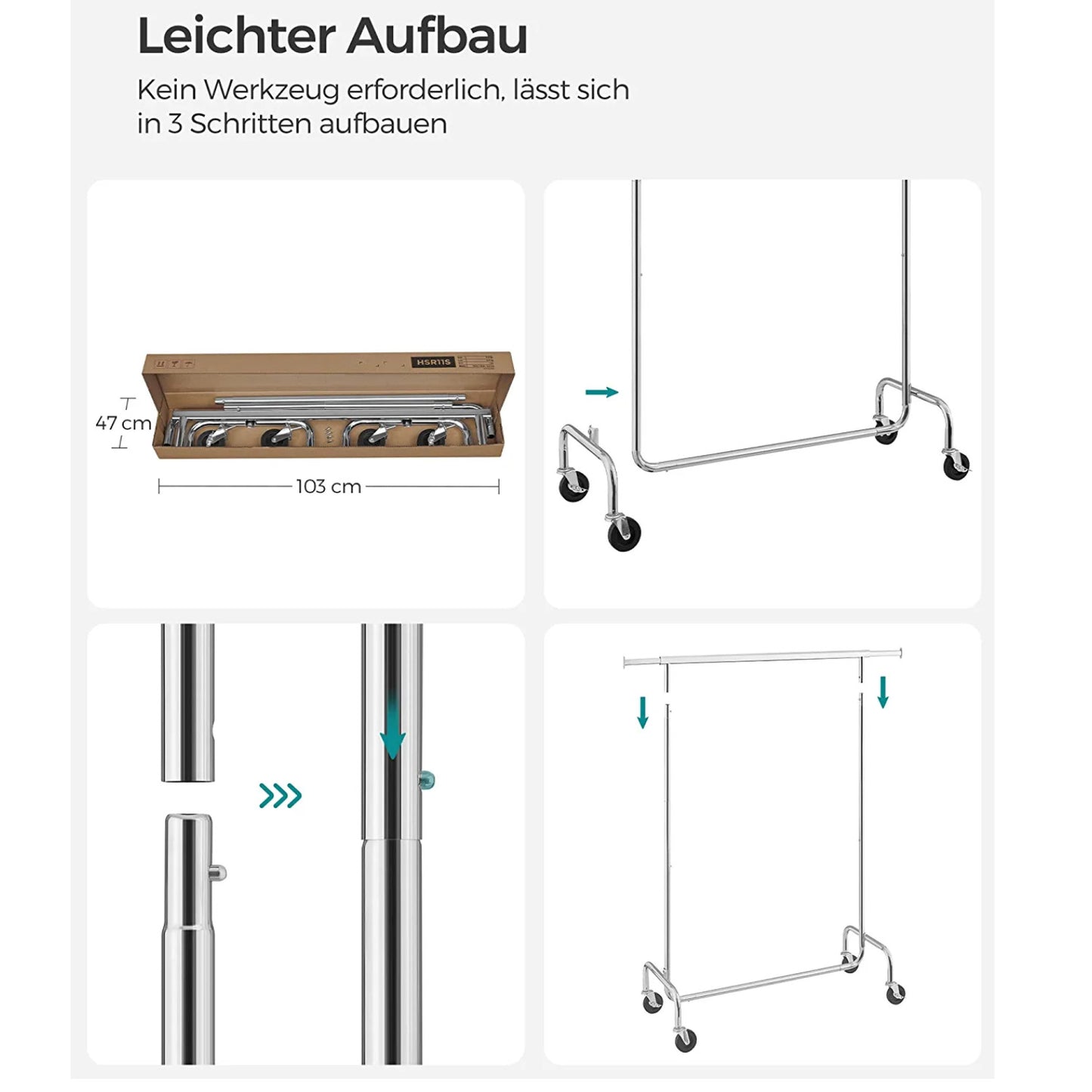 SONGMICS - Schwerlast Kleiderständer, auf Rädern, bis 130 kg belastbar, Garderobenständer, Stabil, Verstellbar, Rollgarderobe,