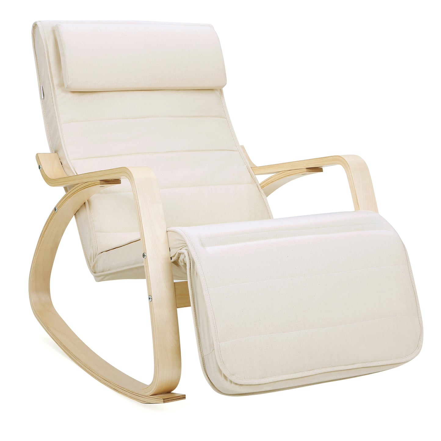 Songmics Schaukelstuhl mit Armlehnen aus Birkenholz, Schaukelsessel, 5-stufig verstellbare Fußstütze, Relaxstuhl, bis 150 kg belastbar, Beige, 1