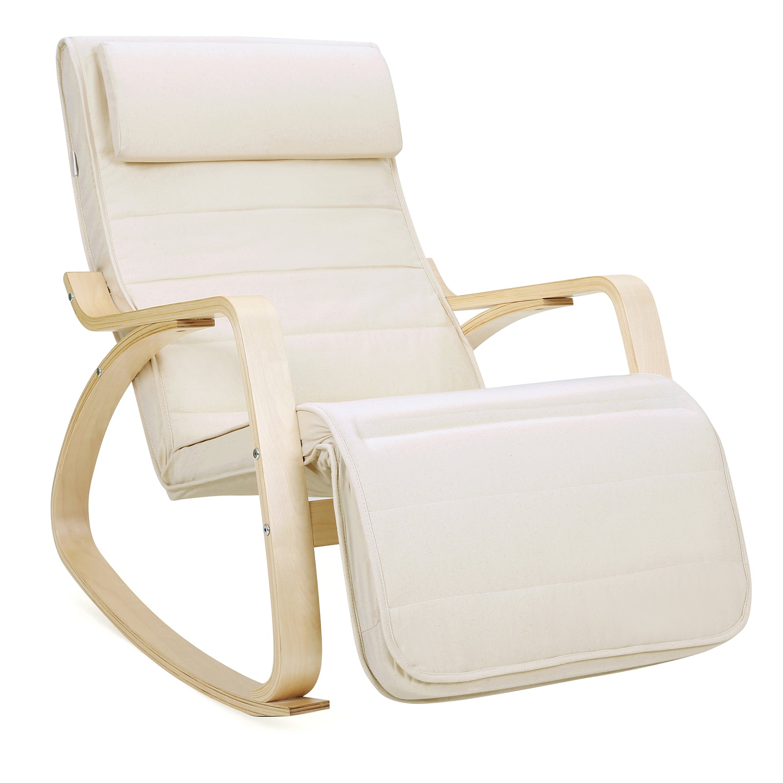 Songmics Schaukelstuhl mit Armlehnen aus Birkenholz, Schaukelsessel, 5-stufig verstellbare Fußstütze, Relaxstuhl, bis 150 kg belastbar, Beige, 1