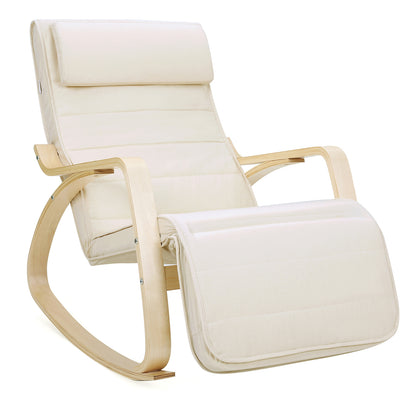 Songmics Schaukelstuhl mit Armlehnen aus Birkenholz, Schaukelsessel, 5-stufig verstellbare Fußstütze, Relaxstuhl, bis 150 kg belastbar, Beige, 1