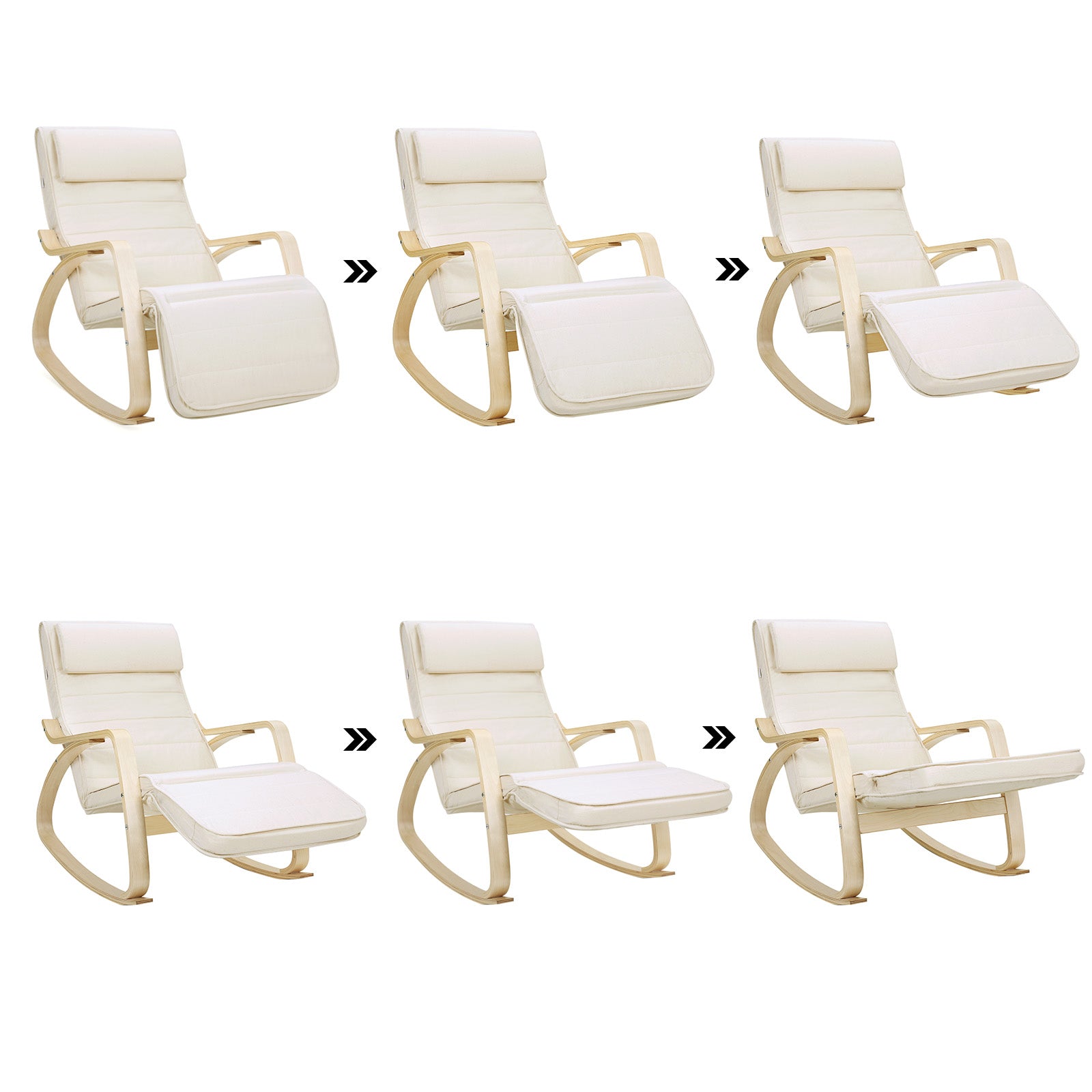 Songmics Schaukelstuhl mit Armlehnen aus Birkenholz, Schaukelsessel, 5-stufig verstellbare Fußstütze, Relaxstuhl, bis 150 kg belastbar, Beige, 3