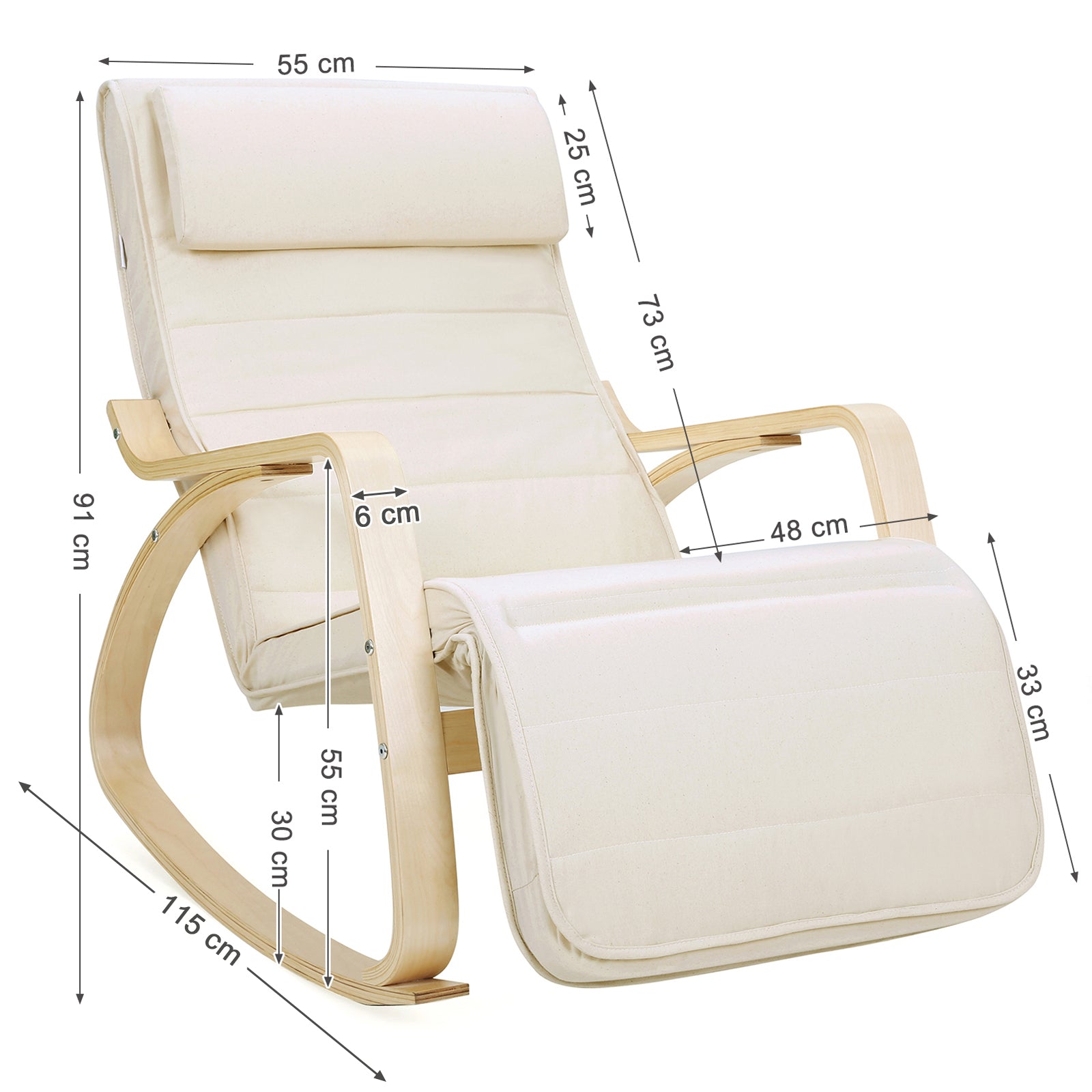 Songmics Schaukelstuhl mit Armlehnen aus Birkenholz, Schaukelsessel, 5-stufig verstellbare Fußstütze, Relaxstuhl, bis 150 kg belastbar, Beige, 6