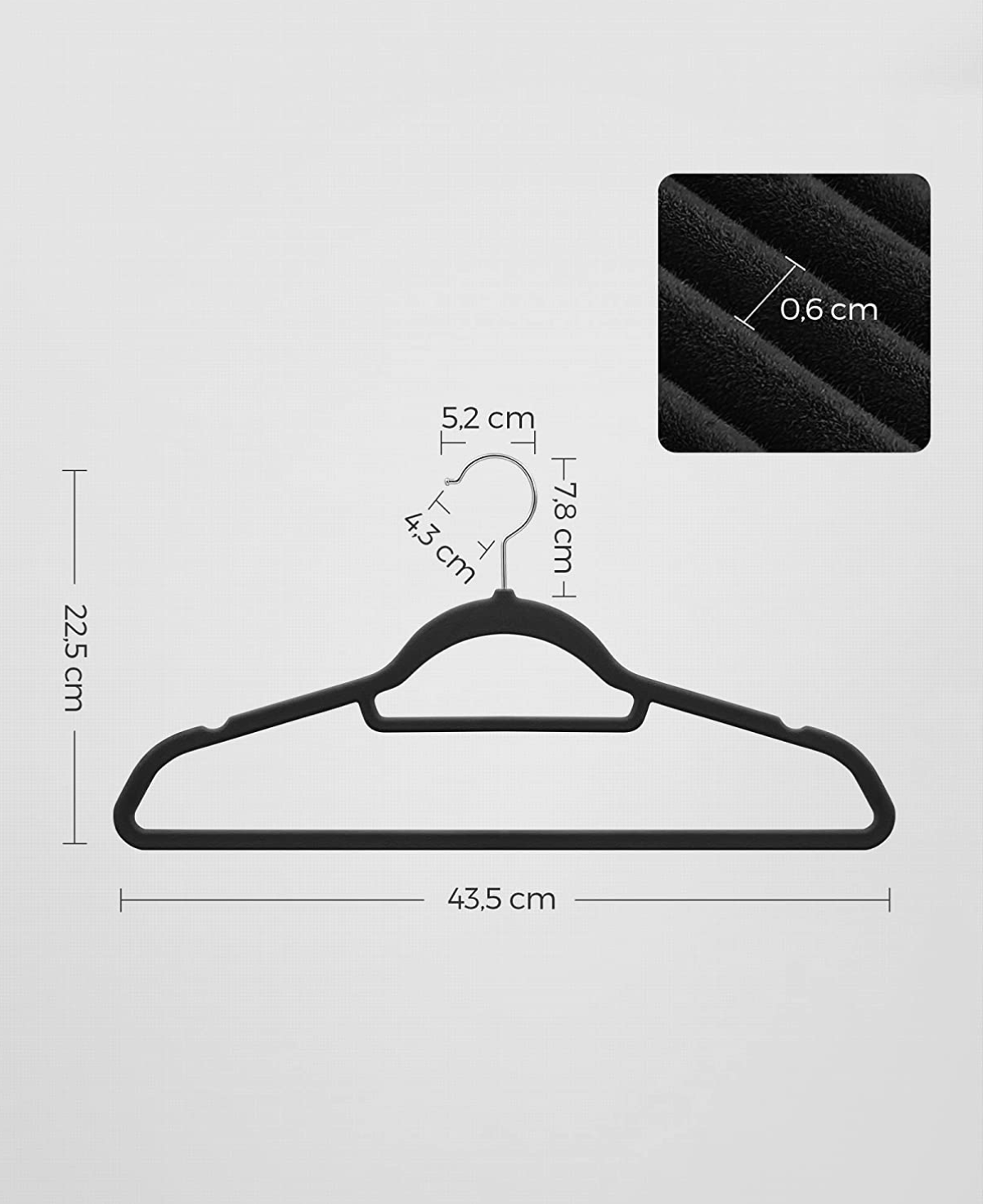 SONGMICS - Kleiderbügel Samt, 20er Set, Bügel, rutschfest, kleine Stange für Krawatten, um 360° drehbarer Haken, platzsparend, 43,5 cm lang, schwarz