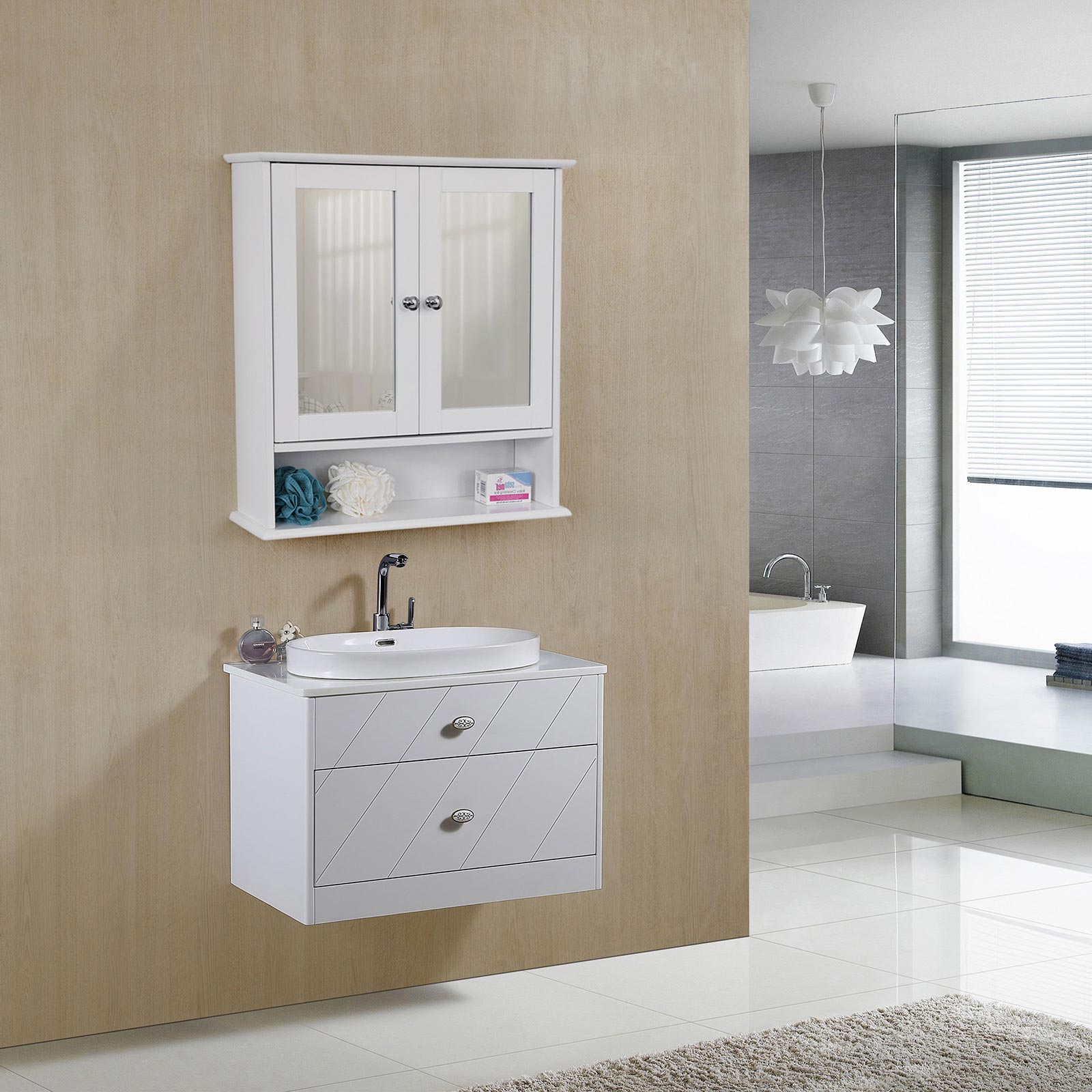 Spiegelschrank Badschrank Hängeschrank Spiegel mit Ablage Schminkschrank aus Holz, weiß