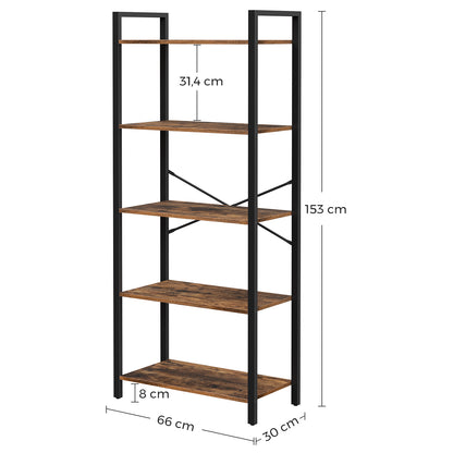 Vasagle - Bücherregal, Standregal, Aufbewahrungsregal mit 5 Ebenen, Industrie-Design, Stahlgestell, Holzspanplatten, Vintagebraun-Schwarz