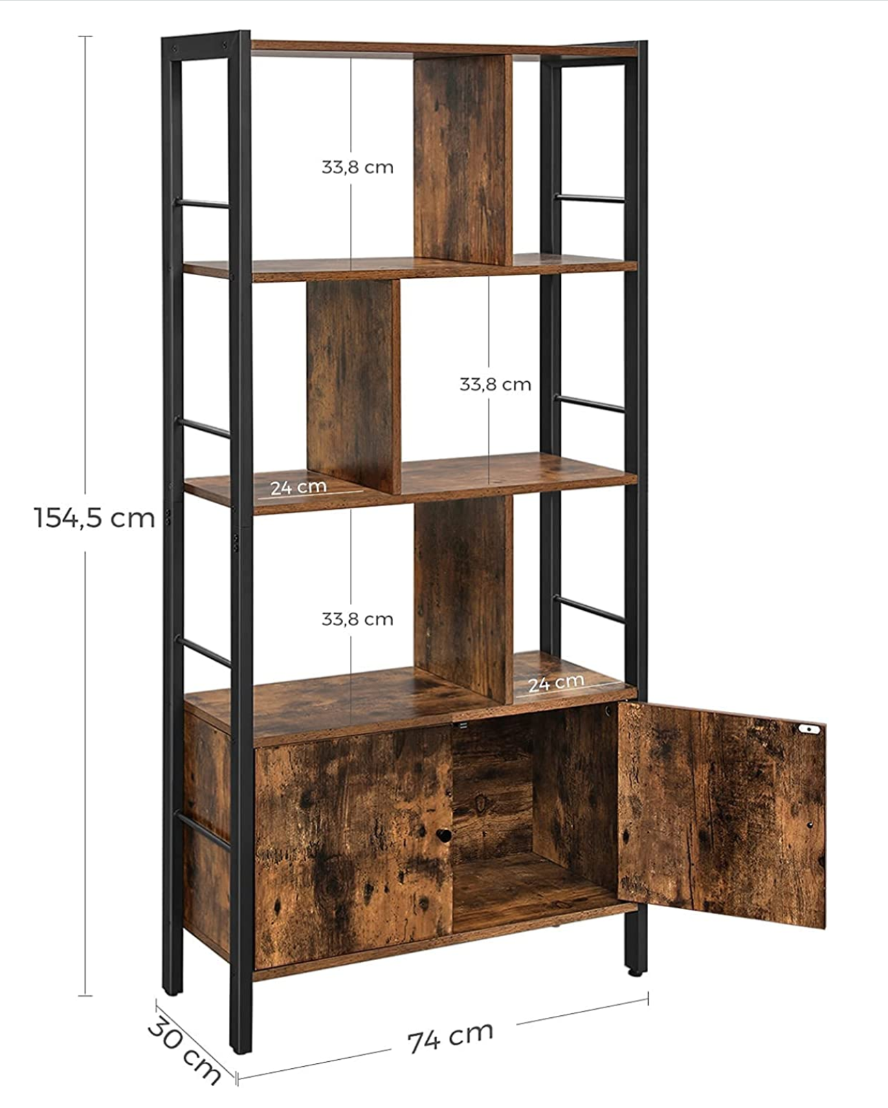 Vasagle - Bücherregal, Bücherschrank mit 4 offenen Regalebenen, geräumiger Wohnzimmerschrank, Küche, Büro, stabiles Stahlgestell