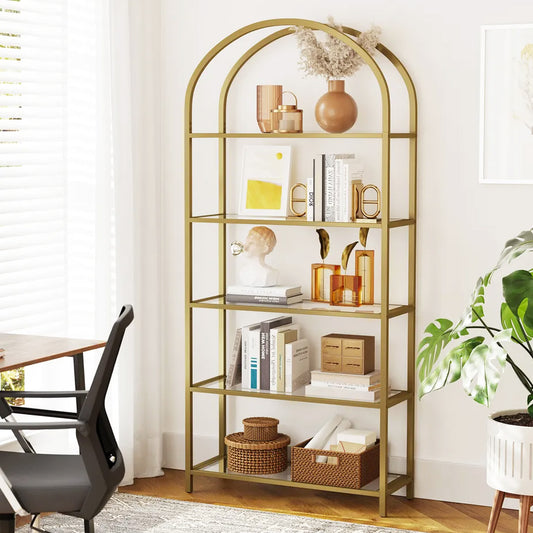 Bücherregal mit 5 Ebenen 183,5 cm hoch Standregal aus Hartglas stabil einfach Aufbau bogenförmig golden, Vasagle, 1
