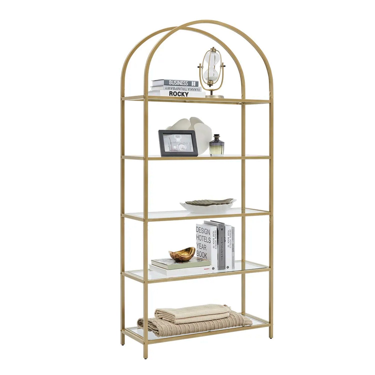 Bücherregal mit 5 Ebenen 183,5 cm hoch Standregal aus Hartglas stabil einfach Aufbau bogenförmig golden, Vasagle, 2