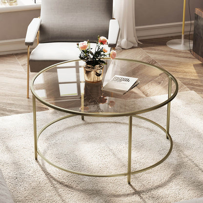 Couchtisch rund, Beistelltisch, Glastisch mit goldenem Eisen-Gestell, Wohnzimmertisch, Sofatisch, Vasagle