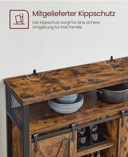 VASAGLE - Sideboard, Küchenschrank, Aufbewahrungsschrank, mit 2 Schiebetüren, 33x100x80 cm, verstellbare Ablagen, vintagebraun-schwarz
