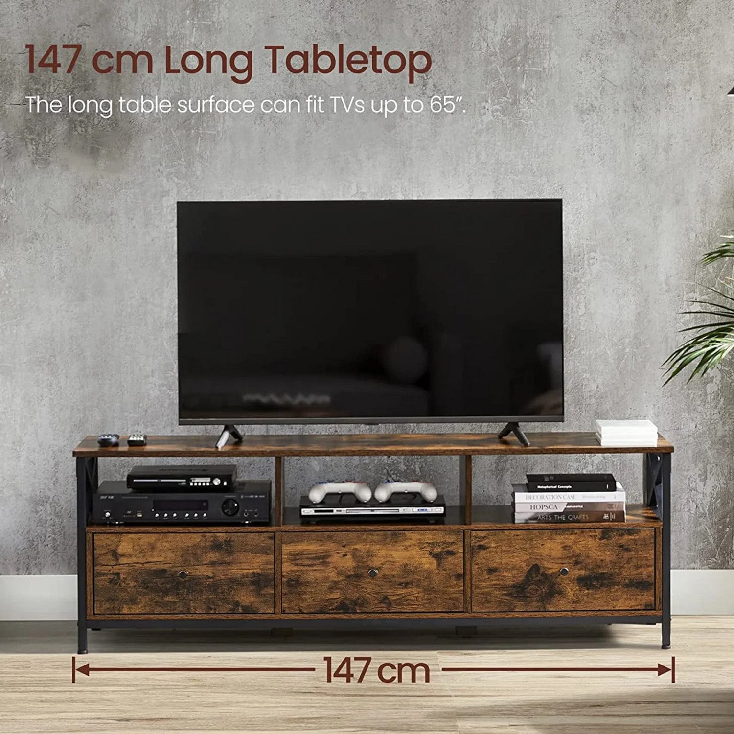 VASAGLE TV-Schrank, TV Lowboard für Fernseher bis zu 65 Zoll, 147 x 40 x 50 cm, TV-Regal mit 3 Schubladen