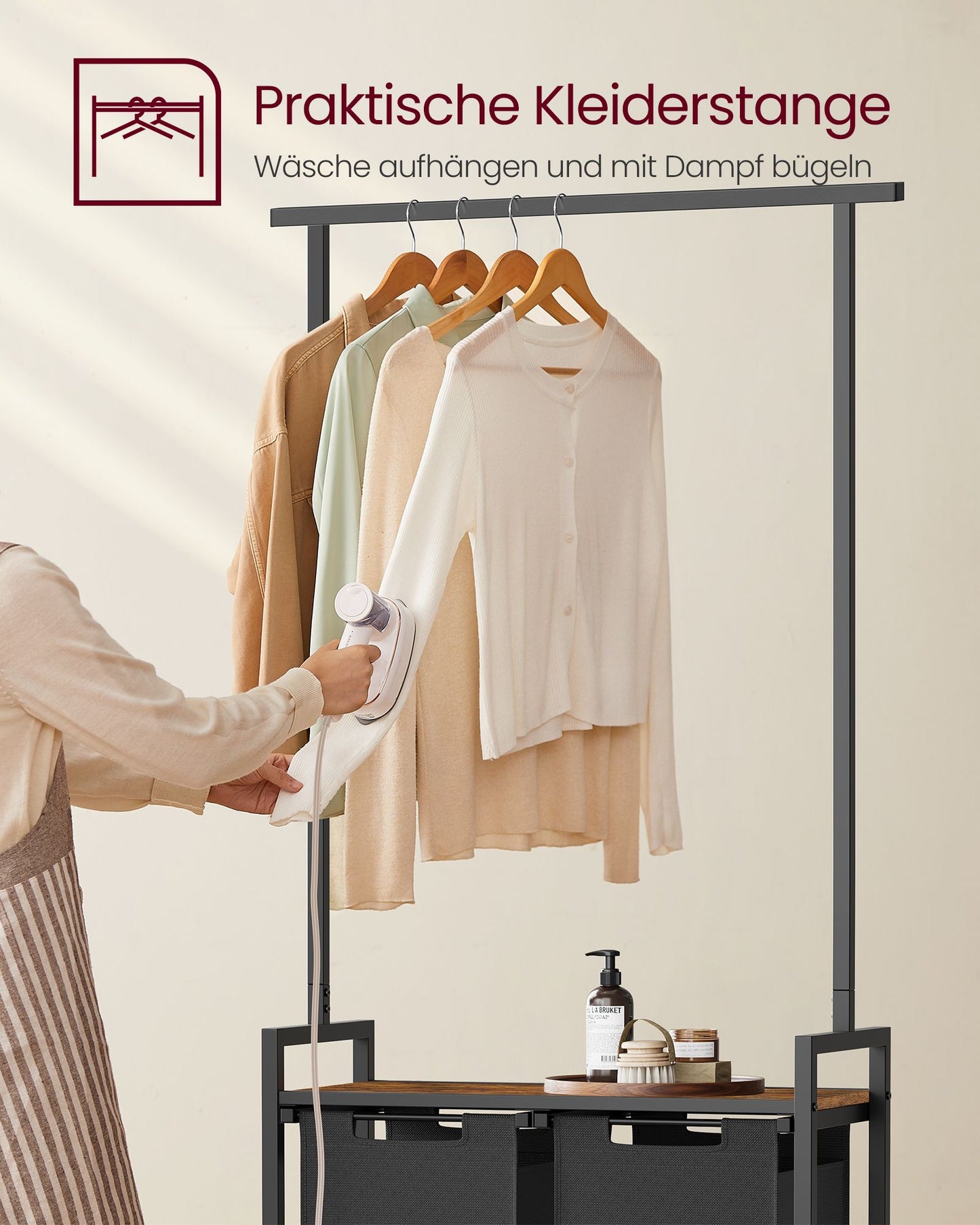 Wäschekorb Regal, 2x46 L, Wäschesammler Schrank, 2 Fächer, mit Kleiderstange, Wäschesortierer mit Ablage, schwarz, VASAGLE, 3