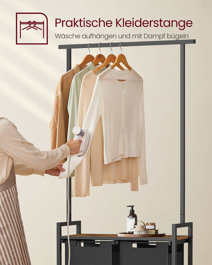 Wäschekorb Regal, 2x46 L, Wäschesammler Schrank, 2 Fächer, mit Kleiderstange, Wäschesortierer mit Ablage, schwarz, VASAGLE, 3