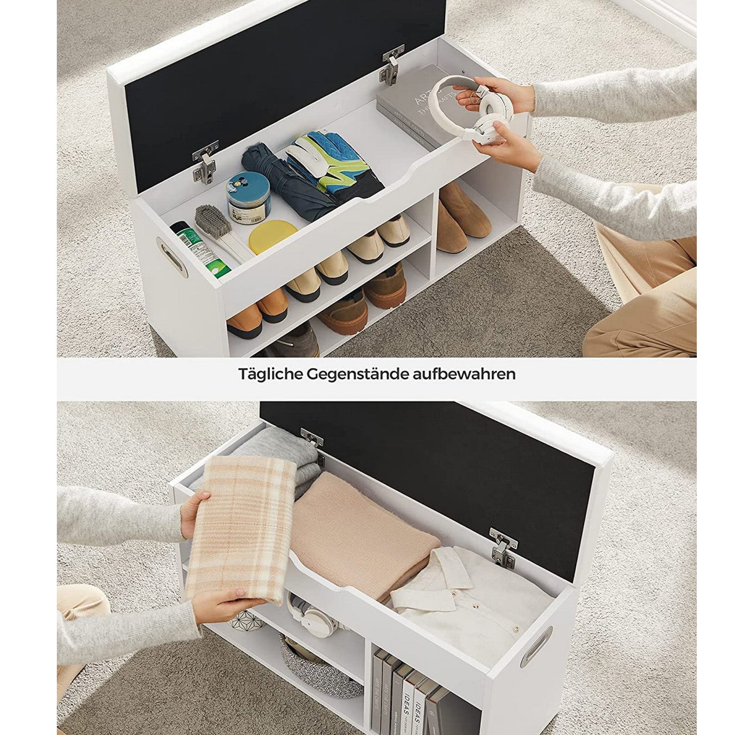 Schuhregal mit Sitzbank, Schuhbank mit Sitzkissen, Betttruhe, 3 Fächer Truhe, Schuhaufbewahrung mit Sitzfläche, Vasagle, 6