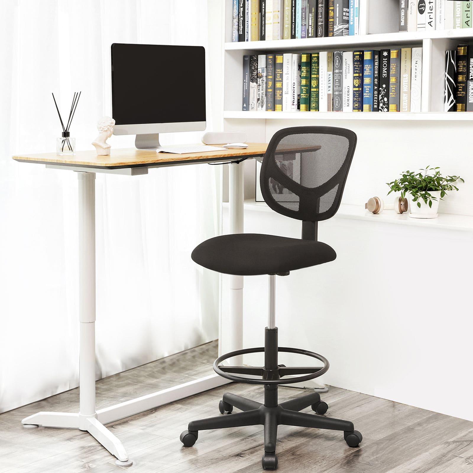 Bürostuhl, Ergonomischer Arbeitshocker, Sitzhöhe 51,5-71,5 cm, Hoher Arbeitsstuhl mit verstellbare Fußring, Belastbarkeit 120 kg